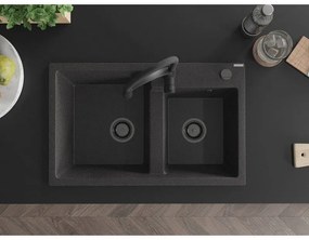 Mexen Tomas, 2-komorový granitový drez 800x500x190 mm a drezová batéria Aster, čierna škvrnitá, 6516-76-73450-70-B