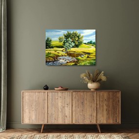 Sklenený obraz - Rieka medzi lúkami, olejomaľba (70x50 cm)