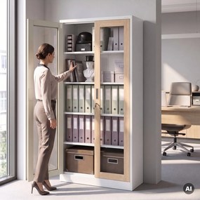 Kovová skriňa s vitrínou biela, dub sonoma, 900x1850x400 mm: AMELIA Eco Design