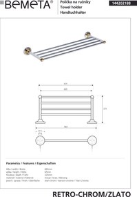 Bemeta Design RETRO gold-chrom: Držiak uterákov, 605 mm - 144202188