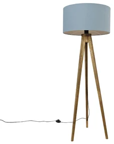 Rustikálny trojnohý vintage drevený s bledomodrým tienidlom 50 cm - Tripod Classic