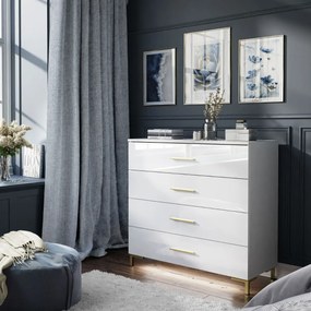 KOMODA MARION LED BIELA ZLATÉ ÚCHYTKY VYSOKÝ LESK