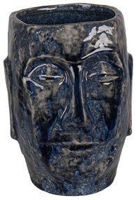 Modrý keramický obal na kvetináč / váza s tvárou Blue Dotty L - 17 * 14 * 21 cm