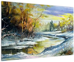 Obraz zimnej rieky, olejomaľba (90x60 cm)