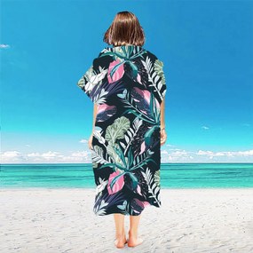 Plážový set NIGHT BLOSSOM - osuška 100×180 cm a pončo 80×145 cm, čierny