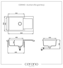 Cerano Aurelian, 1-komorový granitový drez s odkvapkávačom 860x500x200 mm, šedá, CER-LIVSQT104-G