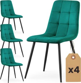 Sada štyroch jedálenských stoličiek NERO zamatové, fľaškovo zelené / čierne nohy (4 ks)