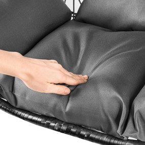 Čierne závesné kreslo KOKON so stojanom, sivý vankúš