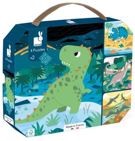 Janod Puzzle pre deti 4v1 Dinosaury v kufríku 6-9-12-16 ks