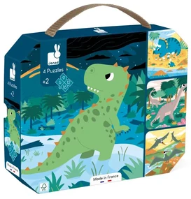 Janod Puzzle pre deti 4v1 Dinosaury v kufríku 6-9-12-16 ks