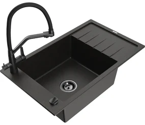 Mexen Elias, 1-komorový granitový drez 795x480x200 mm a drezová batéria Duo, čierna-zlatá metalíza, 6511-75-671701-70-B