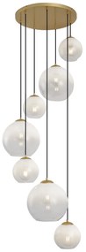 Hotelová elegantná závesná lampa mosadzná s bielym sklom okrúhla 7-svetiel - Misty