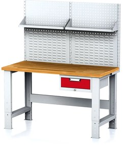 Alfa 3 Nastaviteľný dielenský stôl MECHANIC I , závesný box na náradie, nadstavba, polica, 1 zásuvka, 1500x685x700-1055 mm, červené