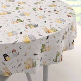Biante Detský bavlnený okrúhly obrus Sandra SA-652 Mačací svet zeleno-žltý na bielom Ø 80 cm