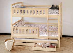 Detská poschodová posteľ z masívu borovice BOHDANA s prístelkou a šuplíky - 200x90 cm - PRÍRODNÁ BOROVICA
