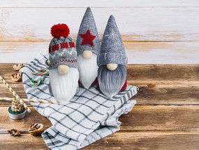 Vianočná závesná ozdoba na stromček - škriatok - 16 cm - šedý s červenou hviezdou