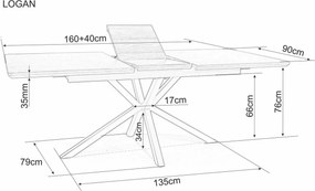 Rozkladací jedálenský stôl Logan 160/200 cm keramika biely mramor/čierny