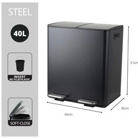 Matne čierny oceľový odpadkový kôš 2x20 l na triedený odpad/nášľapný Aliya – Spirella
