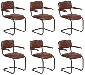 Jedálenské stoličky 6 ks s opierkami, hnedé, pravá koža