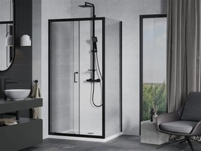 Mexen APIA, sprchový kút s posuvnými dverami 140 (dvere) x 100 (stena) cm, 5mm číre sklo, čierny profil + biela sprchová vanička, 840-140-100-70-00-4010B