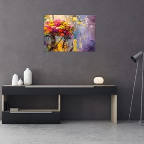 Sklenený obraz - Bicykel s kvetmi (70x50 cm)
