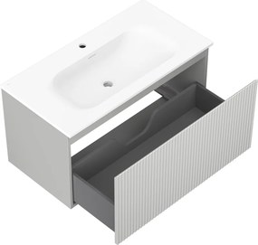 Mexen Rivel, kúpeľňová skrinka 90 cm s umývadlom Vela, 1 zásuvka, drážkovaná, šedá matná/biela matná, 91A20-09047-1-BF62-W23M01
