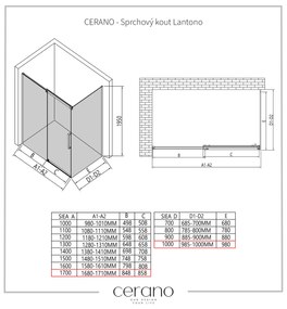 CERANO - Sprchovací kút Lantono L/P - 8 mm - čierna matná, grafitové sklo - 170x70 cm - posuvný, CER-CER-8050BD7539