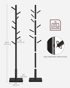 Stojací masívny drevený vešiak s nastavením výšky v čiernej farbe