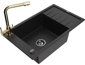 Mexen Elias, 1-komorový granitový drez s odkvapkávačom 795x480x200 mm a zlatá batéria Duero, čierna, 6511-77-671600-50-B