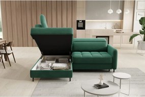 Zelená zamatová rozkladacia/s úložným priestorom rohová pohovka (ľavý roh/do L) Barea – ELTAP