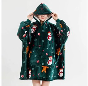 Baránková mikinová deka s rukávmi a kapucňou SNOWMAN AND GINGERBREAD, zelená