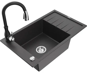 Mexen Elias, 1-komorový granitový drez 795x480x200 mm a drezová batéria Savita, čierna škvrtnitá, 6511-76-672601-70