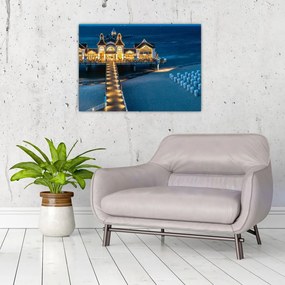Sklenený obraz - hotel na pláži (70x50 cm)