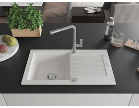 Mexen Pablo, 1-komorový granitový drez 752x436x161 mm a drezová batéria Flora, biela, 6510-20-670401-06
