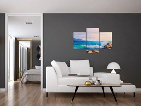Obraz vĺn narážajúcich na útesy, olejomaľba (90x60 cm)