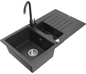 Mexen Matias, 1,5-komorový granitový drez s odkvapkávačom 90x50 cm a kuchynskou batériou Telma, čierna so sriebornými bodkami, 6502-76-670200-76