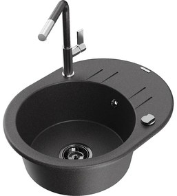 Mexen Kevin, 1-komorový granitový drez 586x458x190 mm a drezová batéria Flora, čierna škvrnitá, 6517-76-670401-08-B