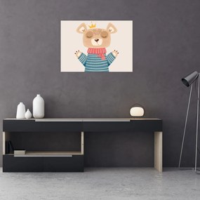 Sklenený obraz - Béžový medvedík s korunkou (70x50 cm)