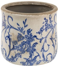 Keramický obal na kvetináč s modrými kvetmi Saten - Ø 12*11 cm