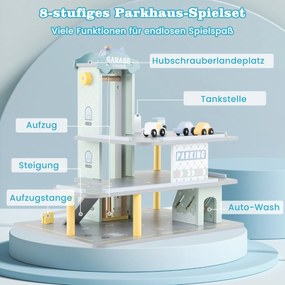 Drevená parkovacia garáž s 3 poschodiami & 4 autami a výťahom parkovacia garáž autogaráž hračka pre deti od 3 rokov.