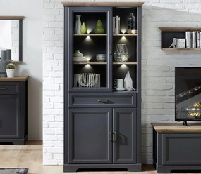 Široká vitrína Jasmin, grafit/dub, s osvetlením