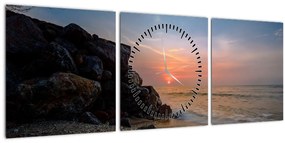 Obraz západu slnka na pláži (s hodinami) (90x30 cm)