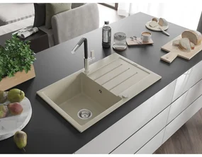 Mexen Bruno, 1-komorový granitový drez 795x495x200 mm a drezová batéria Flora, béžová, 6513-69-670401-07