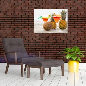 Sklenený obraz ananásov a pohárov na pláži (70x50 cm)