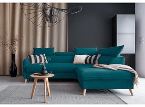 Tyrkysová zamatová rozkladacia rohová pohovka (pravý roh) Sweet Harmony – Miuform