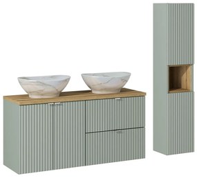 Kúpeľňová zostava Line Reed Green 120 cm s doskou, umývadlami a skrinkami 120 cm zelená/dub evoke