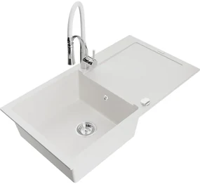 Mexen Leo, granitový drez 900x500x190 mm, 1-komorový a drezová batéria Aster, biela, 6501-20-73450-02