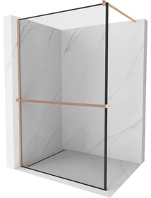 Mexen Kioto+, sprchová zástena Walk-In s poličkou a vešiakom 140 x 200 cm, 8mm číre sklo čierny vzor, medený matný profil, 800-140-121-65-70