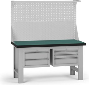 Pracovný stôl do dielne G8 s nadstavbou, 1500 x 750 x 800 mm, 2x kontejner, 5 zásuviek, sivá