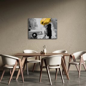 Obraz - Zamilovaný pár pod dáždnikom, žltý (70x50 cm)